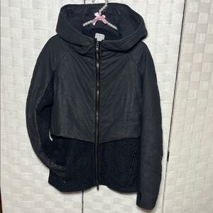 Black Textured Hooded Jacket with Smooth Sleeve Panels wool Eye catching Style